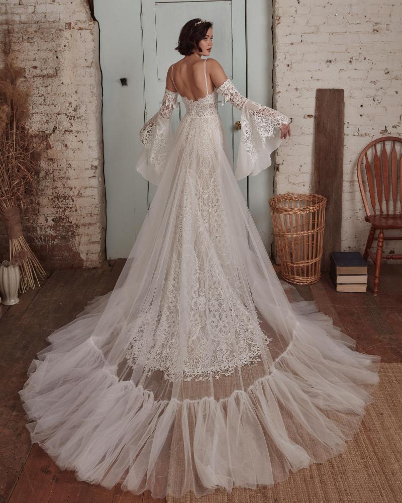 Lp2124 vintage boho wedding dress with bell sleeves and overskirt2